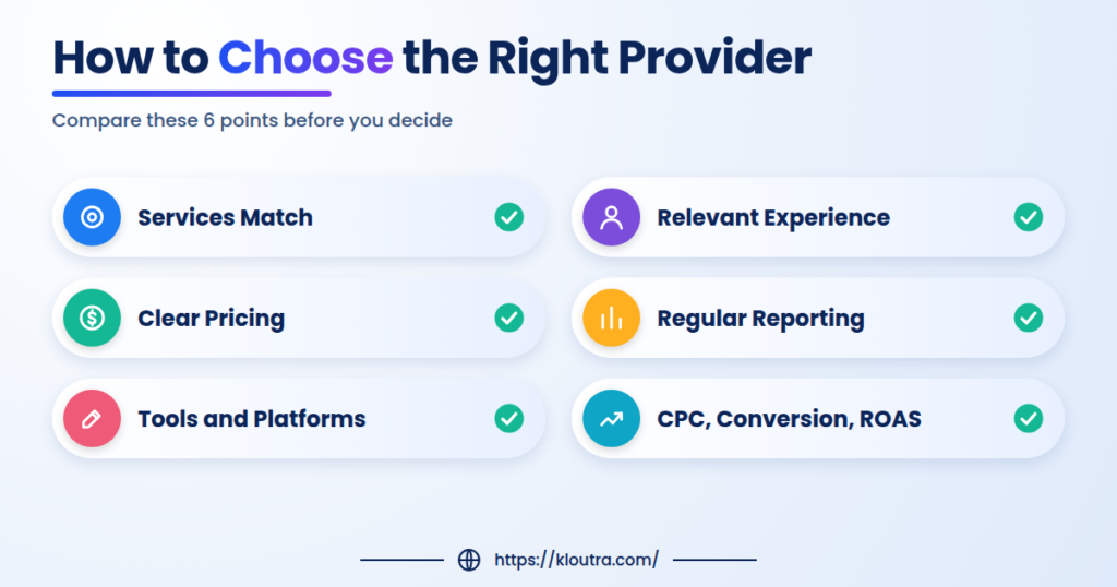 Checklist for choosing an advertising optimization provider: services, experience, pricing, reporting, tools and performance metrics