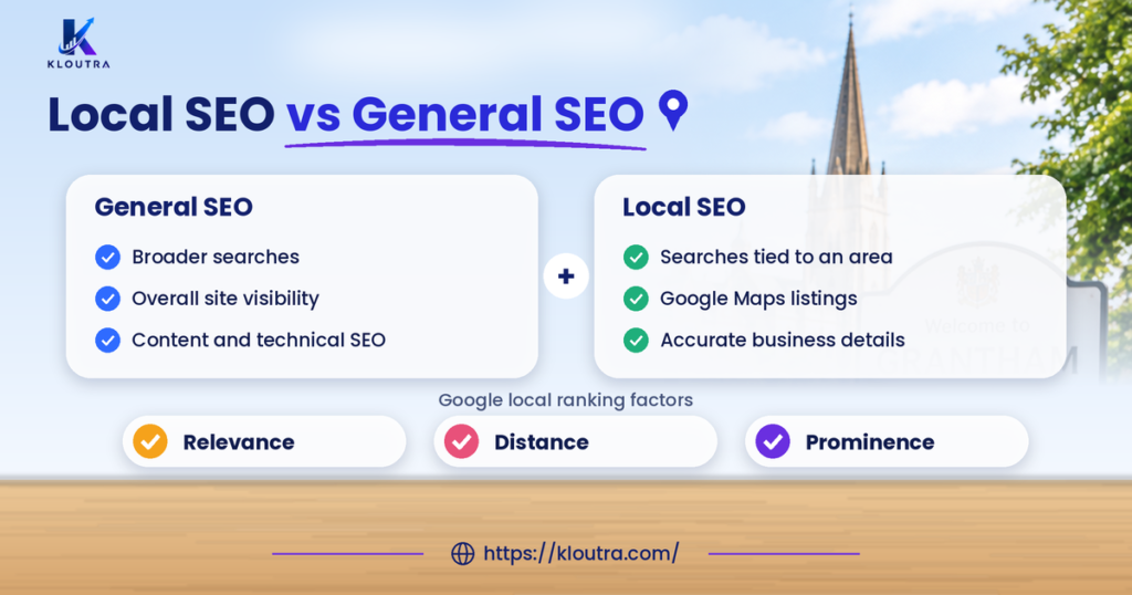 Local SEO vs general SEO comparison for Grantham businesses with relevance, distance, and prominence
